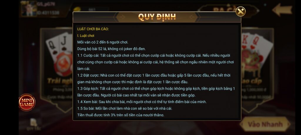 Quy định chơi game bài ba cào TWIN