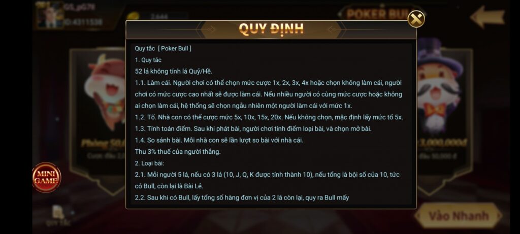 Một số quy định chơi game Poker Bull TWIN