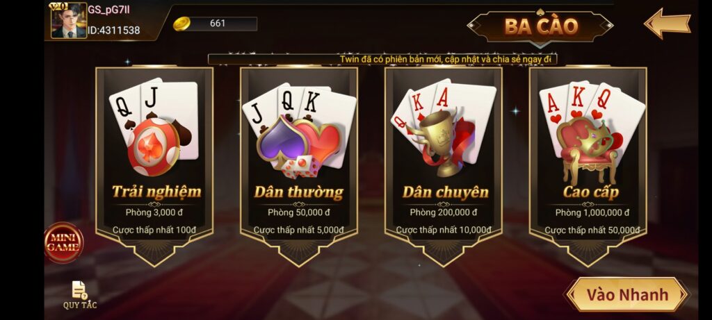 Phòng game bài ba cào trên TWIN